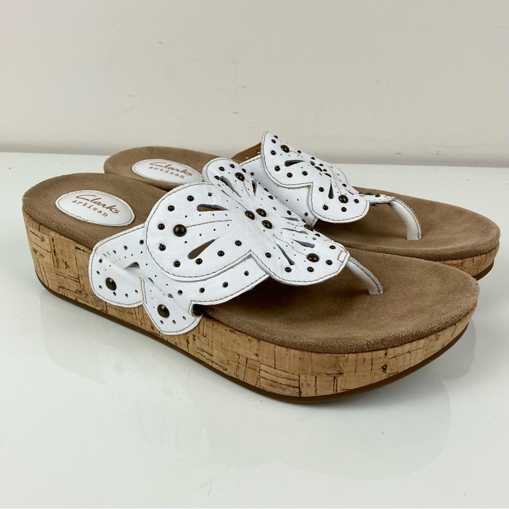 Clarks Artisan Women’s Size 11.0 M Palima Palm Laser Cut White Platform Sandals